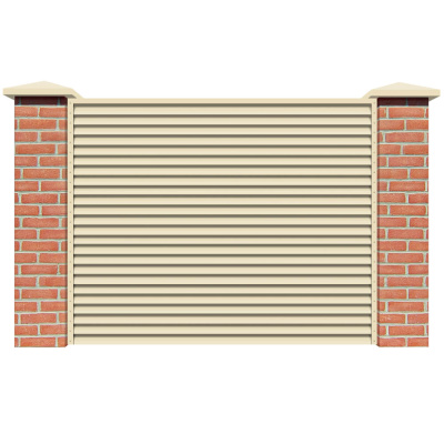 Секция забора жалюзи из ламелей Жалюзи ЭКО-Z RAL1015 Слоновая Кость с кирпичными столбами анфас